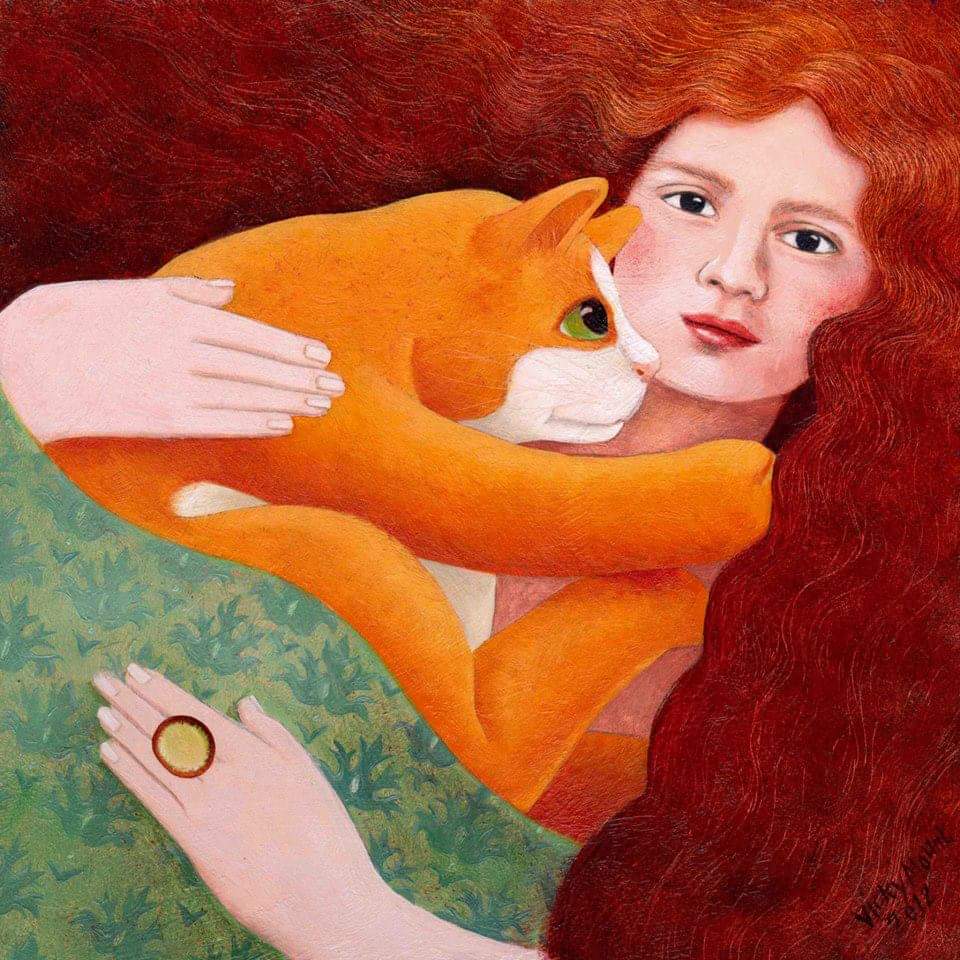 Painting of woman with long red hair embracing orange cat