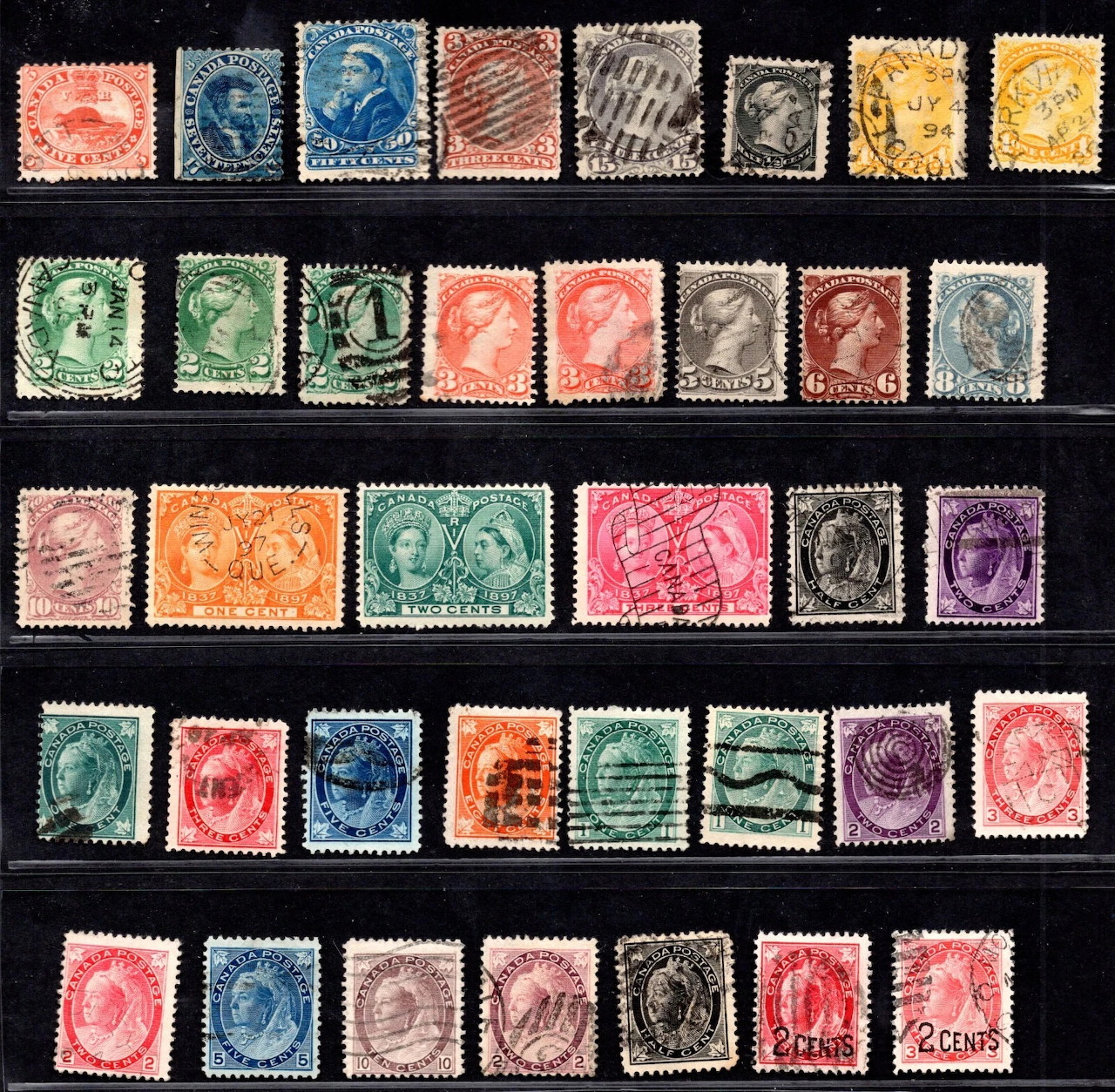 Grid of colorful vintage Canadian postage stamps displayed on black background