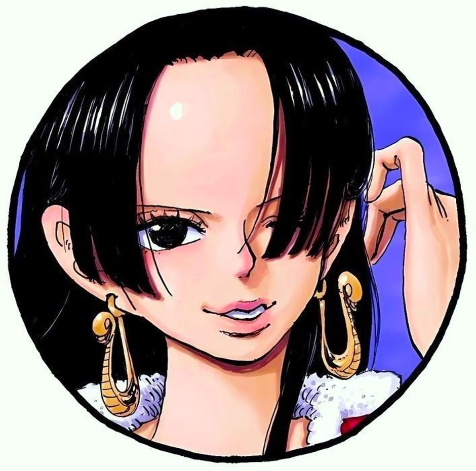 Anime portrait of Boa Hancock from ONE PIECE with black hair and gold hoop earrings