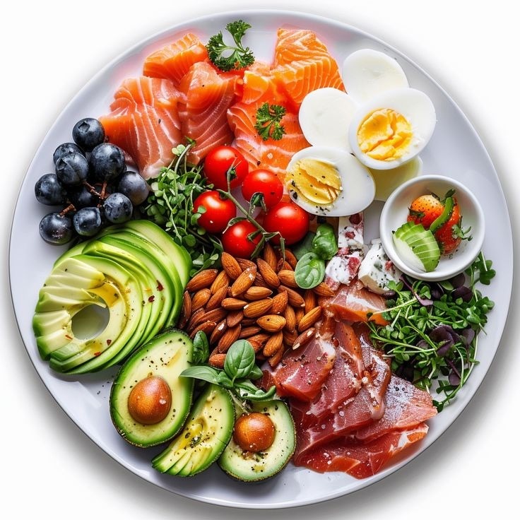 Round white plate with salmon, avocado, eggs, tomatoes, almonds, blueberies, prosciutto and greens