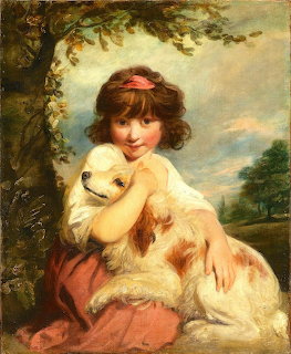 Young girl in red dress hugging white dog in pastoral landscape painting