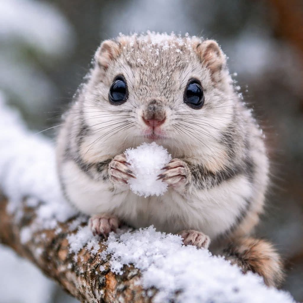 Close-up of a chipmunk on a snowy branch holding a small snowball