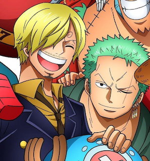 Anime art of two male characters, one blonde smiling, one green-haired with swords