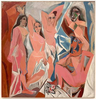 Cubist painting of five abstracted female figures in geometric pink and earth tones