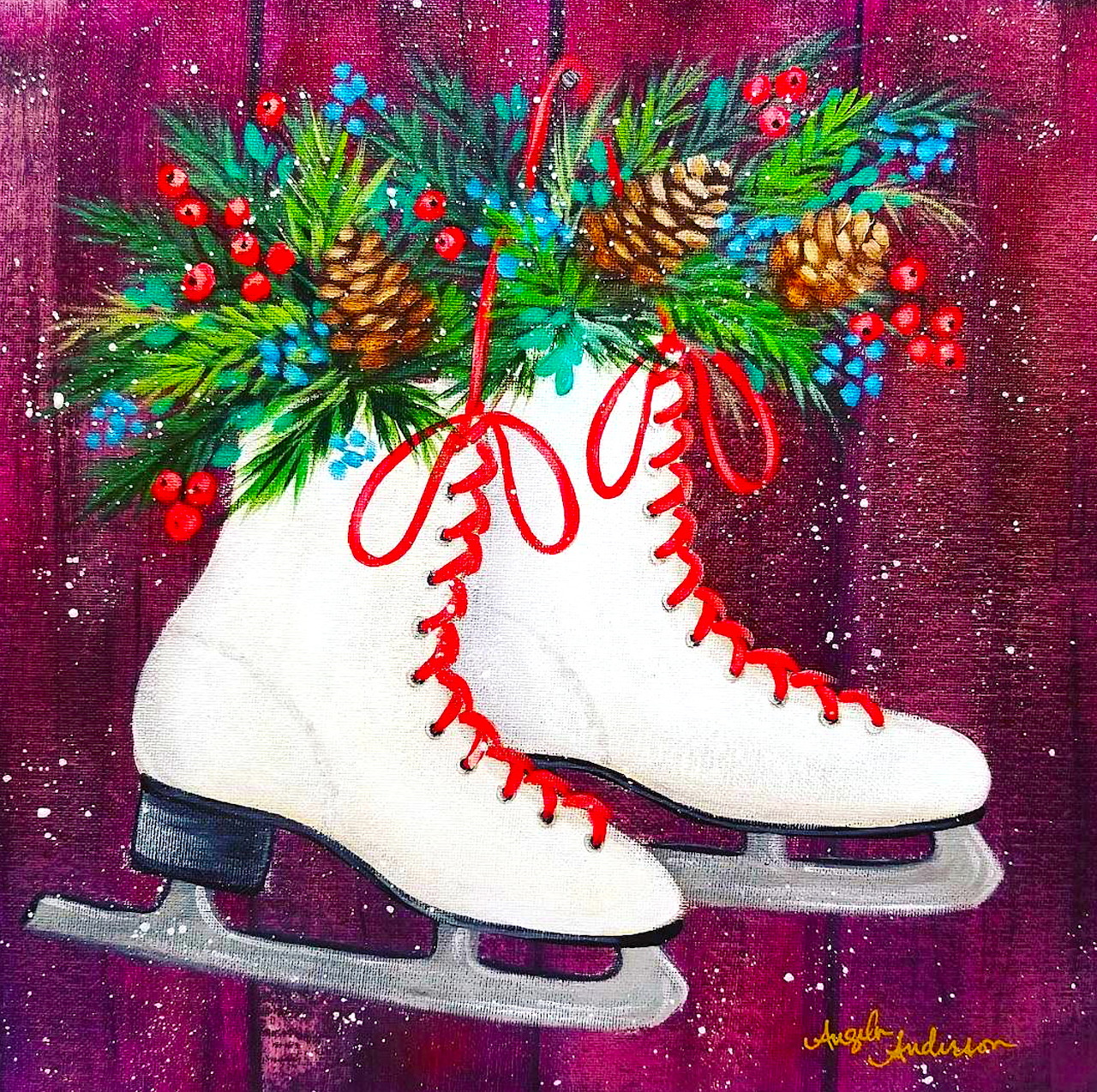White ice skates decorated with Christmas greenery, holly, and pine cones on purple glitter background
