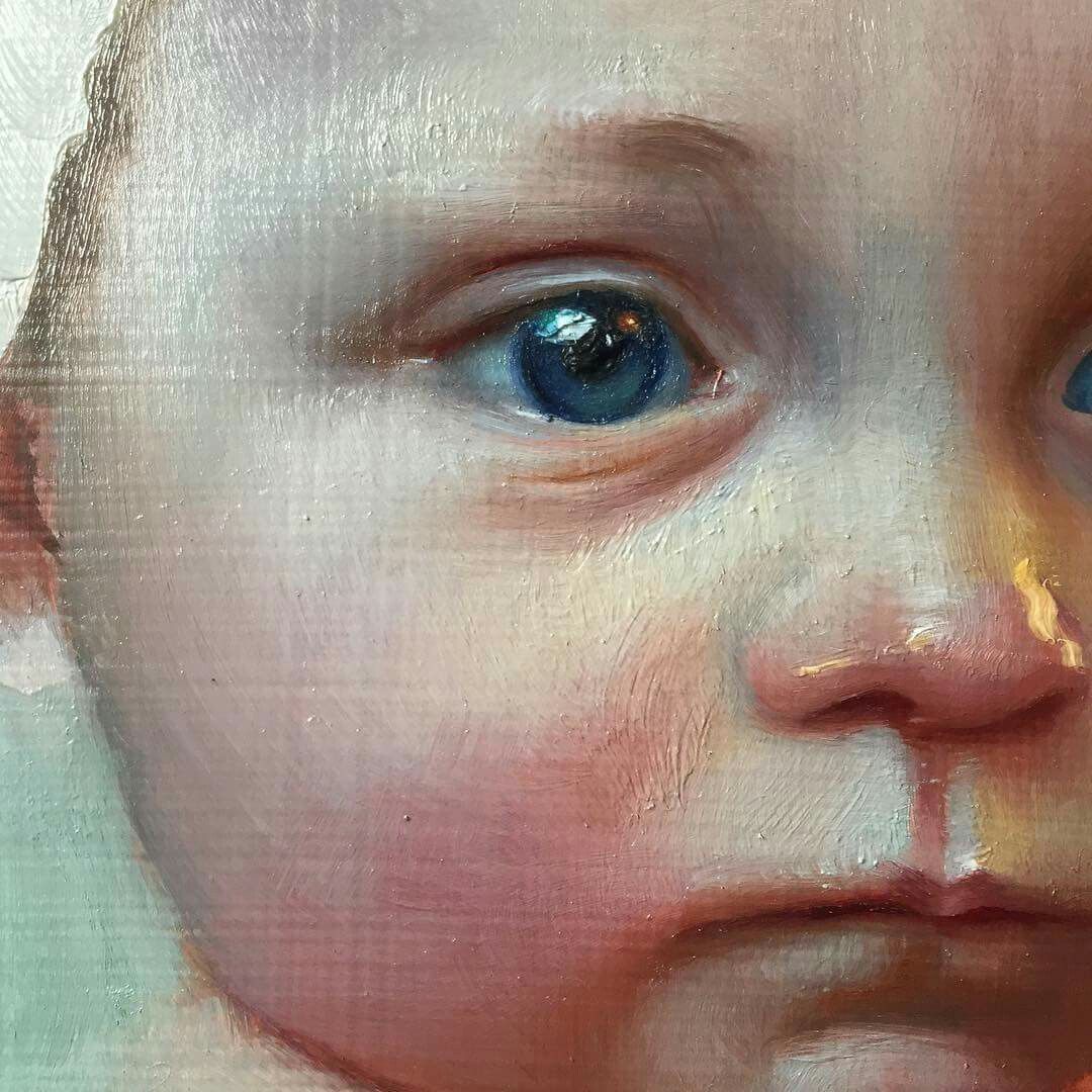 Close-up oil painting of a face with bright blue eyes and realistic skin texture