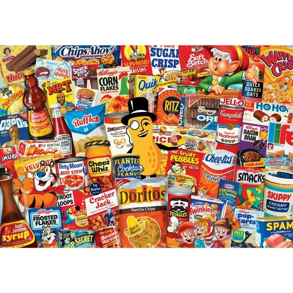 Dense collage of retro food brand logos and product packages in bright colors