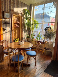 Sunlit cafe corner with a round table, blue chairs, potted plants, and a large window
