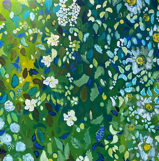 Abstract painting of white wildflowers and green leaves in impressionist style