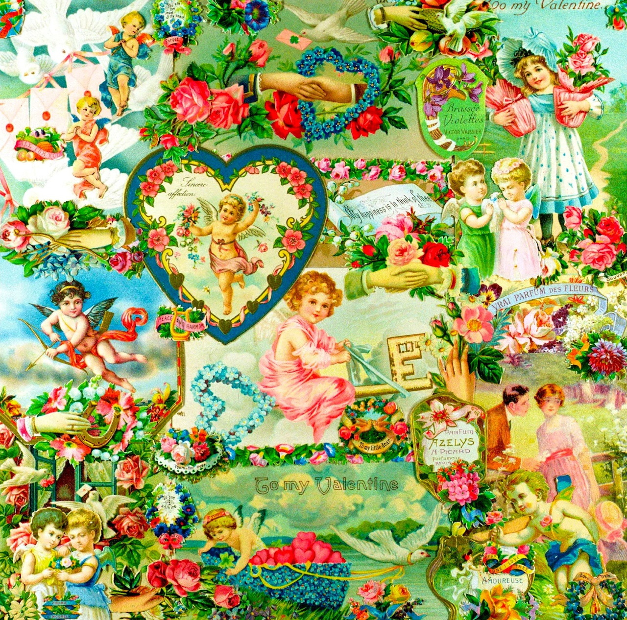 Collage of Victorian Valentine cards with cherubs, hearts, flowers, and children in vintage romantic style