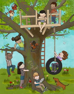 Cartoon children playing in a treehouse with a tire swing, ladder, and dog under a large tree