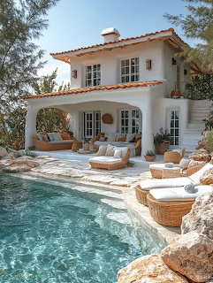 White Mediterranean villa with terracotta roof,icker outdoor furniture, and turquoise pool