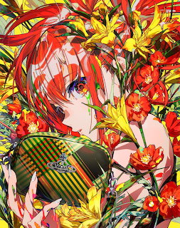 Anime girl with red hair amid yellow maple leaves and red flowers in ornate autumn scene