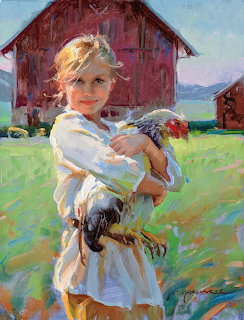 Impressionist painting of girl with flowers at farm with red barn