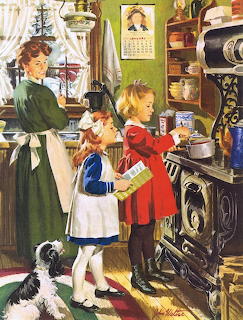 Woman in green dress and two children cooking at an ornate vintage stove in a warm kitchen scene