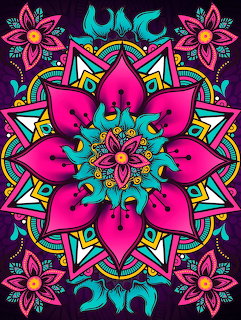 Colorful mandala with pink lotus, turquoise and purple geometric floral patterns in radial symmetry