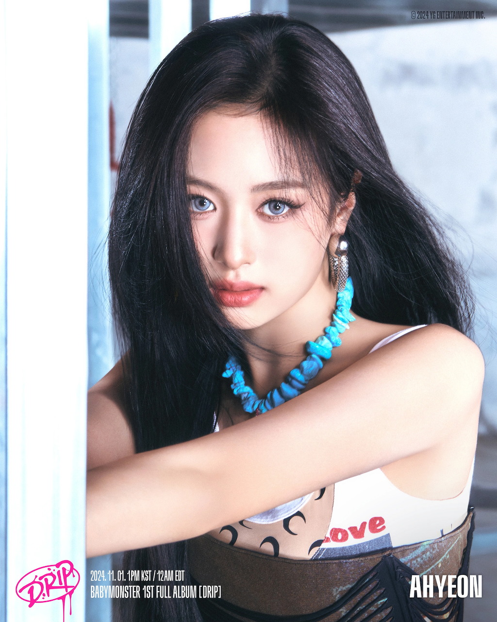 Portrait of K-pop idol Ahyeon with glossy drip styling and bold makeup.