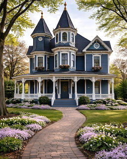 Blue Victorian house with turrets, white trim, porch, and flowering garden beds along a brick pathway