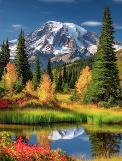 Snow-capped Mount Rainier reflected in a pond surrounded by autumn foliage and evergreen trees