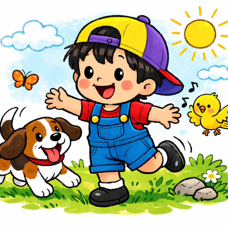 Cartoon boy in yellow cap and blue overalls playing with puppy, chick and butterfly outdoors