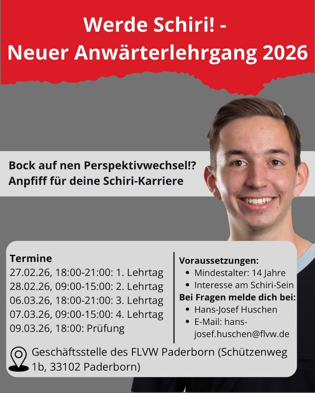 German flyer for Werde Schiri referee training course 2026 with a smiling young man and event dates