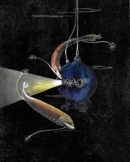 Surreal bioluminescent sea creature with crescent form and tentacles in dark space