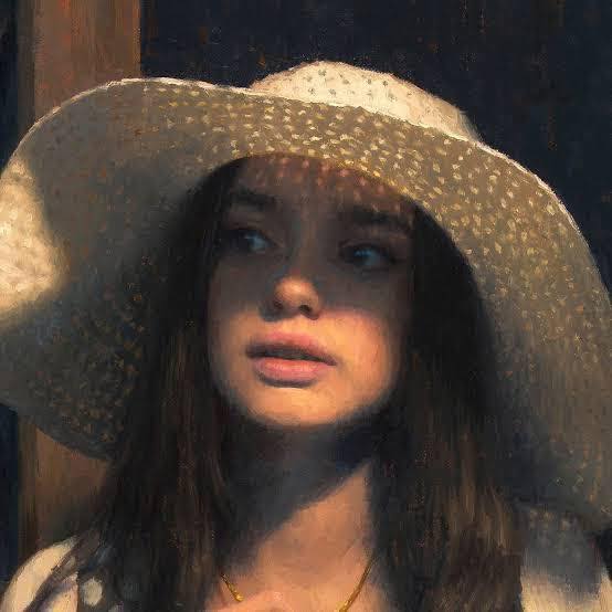 Portrait of a young woman wearing a large white sun hat against a dark background