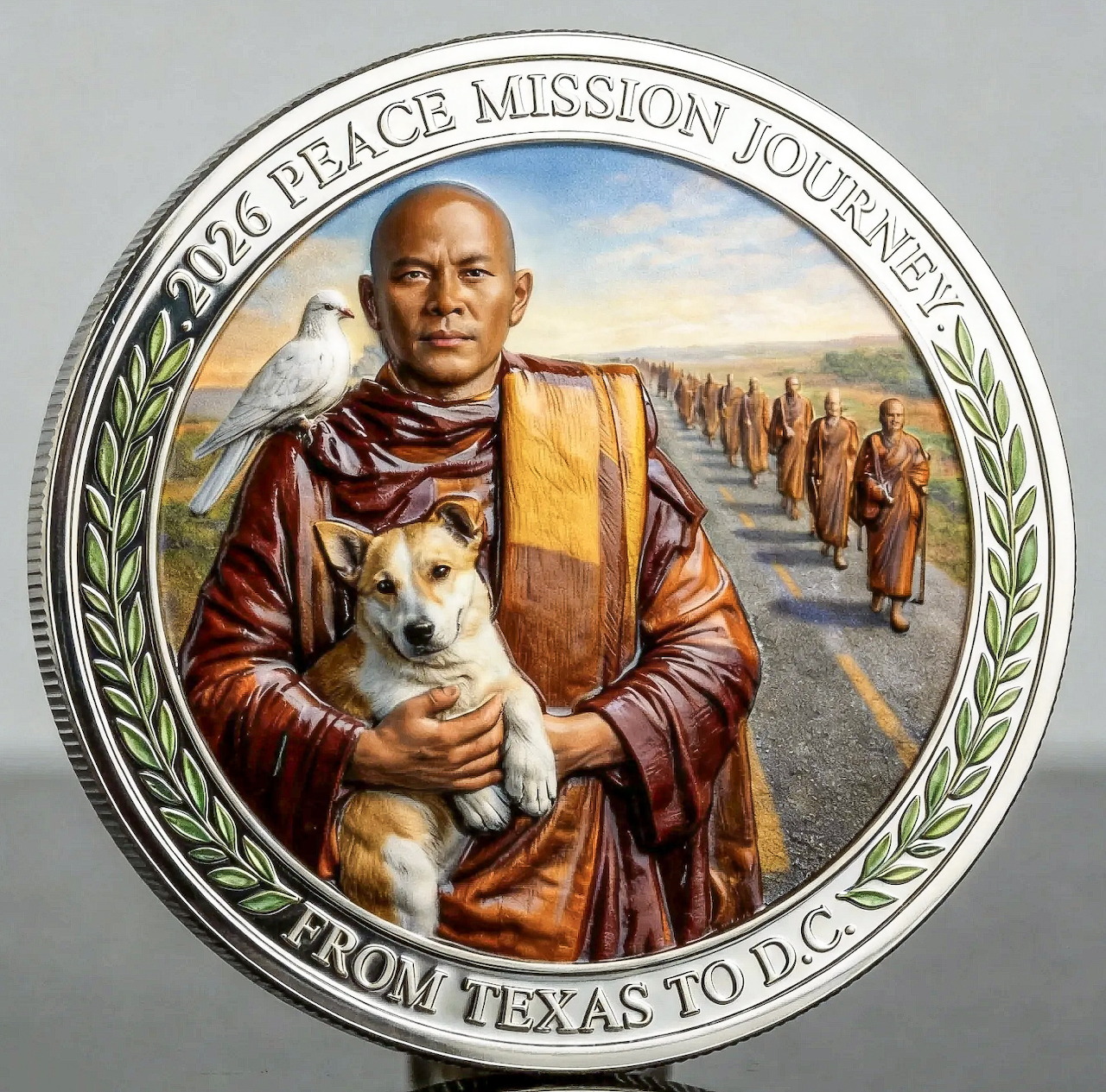 Circular artwork of a monk holding a dog with walkers on a road behind him
