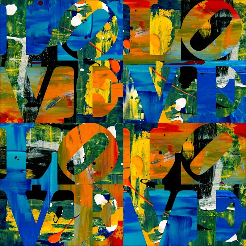 Abstract pop art with LOVE letters in colorful fragmented quadrants