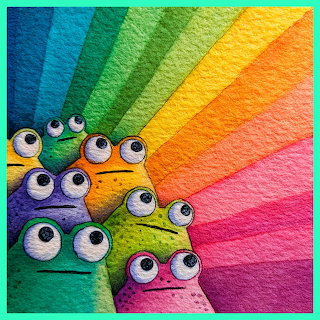 Cartoon toads with large eyes in front of bright rainbow-colored bands