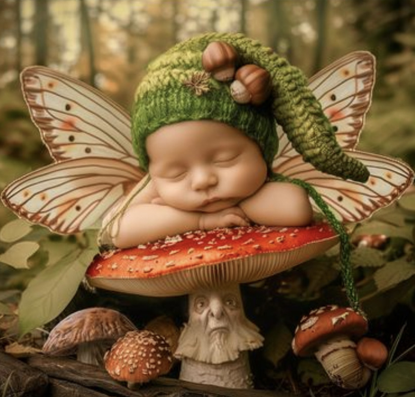 Sleeping baby in fairy costume with wings and green cap resting on red mushroom in forest