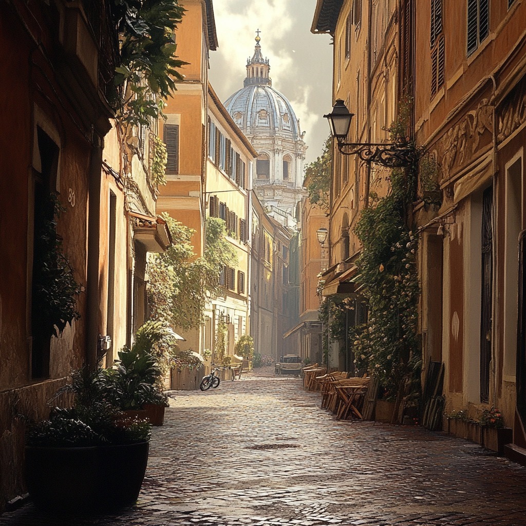 Sunlit cobblestone street in Rome with orange buildings, greenery, and distant church dome