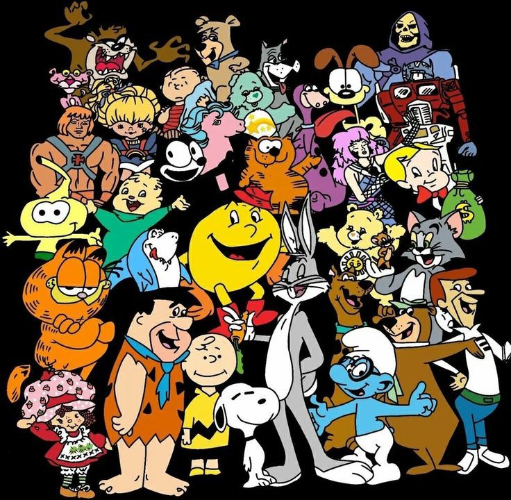 Large group of classic cartoon characters including Garfield, Scooby-Doo, Flintstones, Smurfs, and many others