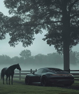 Porsche and Horse in Fog