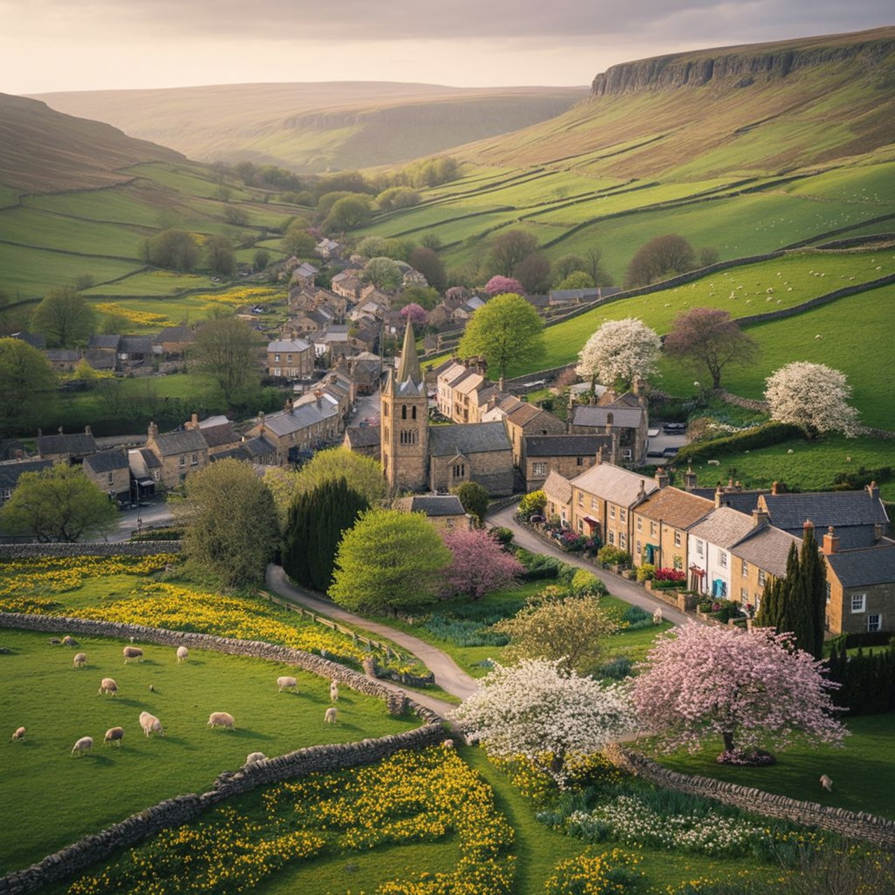 Stone village in the Yorkshire Dales surrounded by green hills, sheep pastures, and blooming spring trees