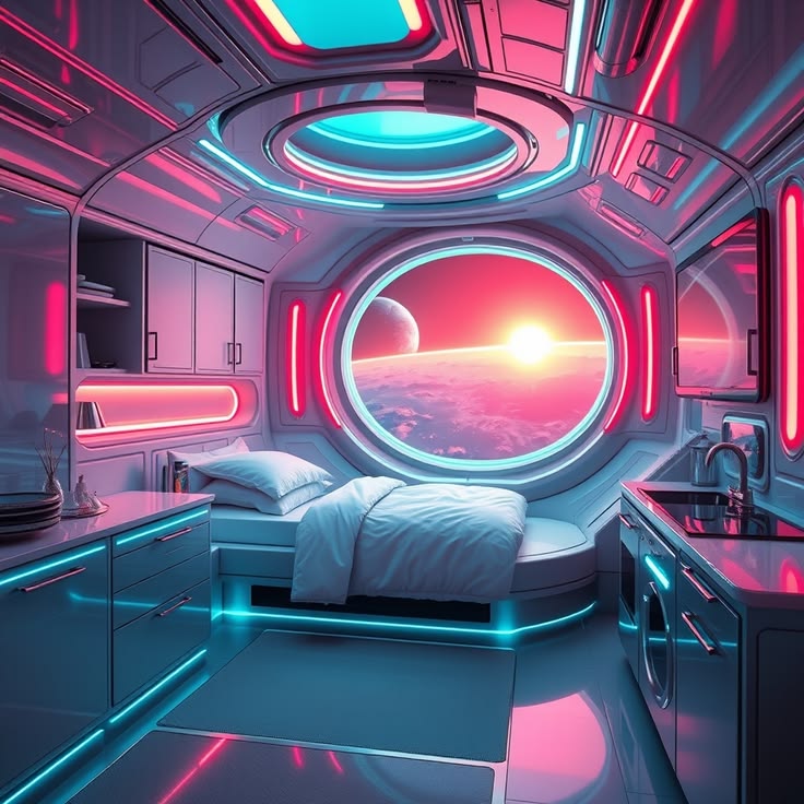 Futuristic bedroom with neon lighting and circular space window