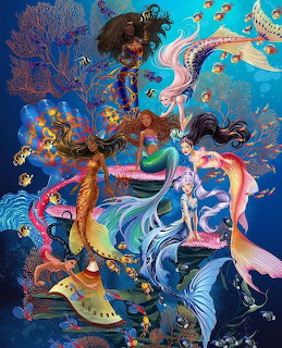 Surreal underwater fantasy scene with flowing forms, sea creatures, and coral in vibrant blue and purple hues