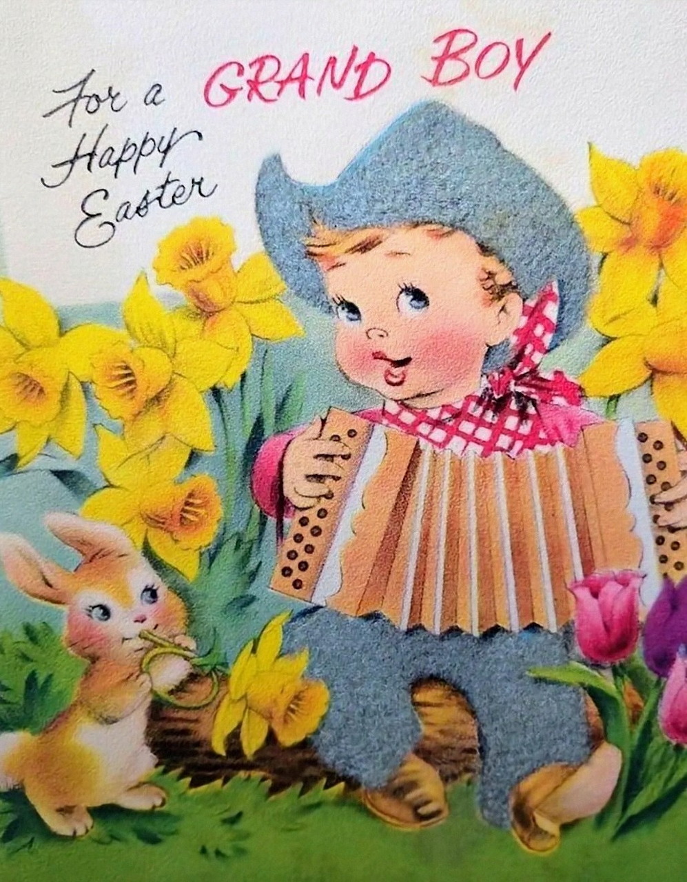 Vintage Easter greeting card for grandson with spring flowers and pastel decoration