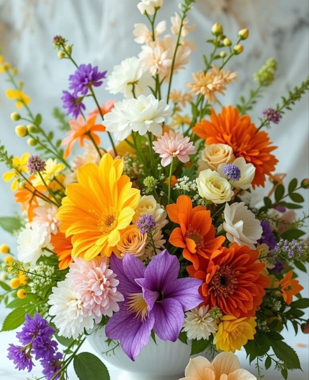 Colorful mixed flower bouquet in a white vase with orange, yellow, purple, pink, and white blossoms