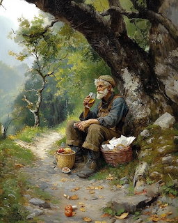 Painting of an old bearded man sitting under a tree drinking wine with baskets nearby on a forest path