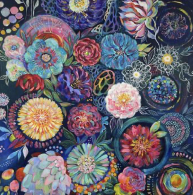 Colorful painting of many stylized flowers and circular blooms on a dark background
