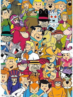 Crowded collage of classic Hanna-Barbera cartoon characters including Scooby-Doo, Fred Flintstone, and Yogi Bear