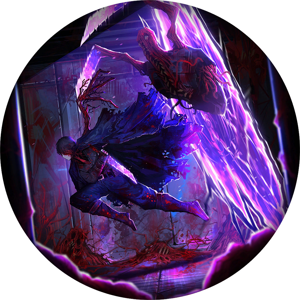 Anime warrior with purple energy wings and glowing effects in dynamic pose