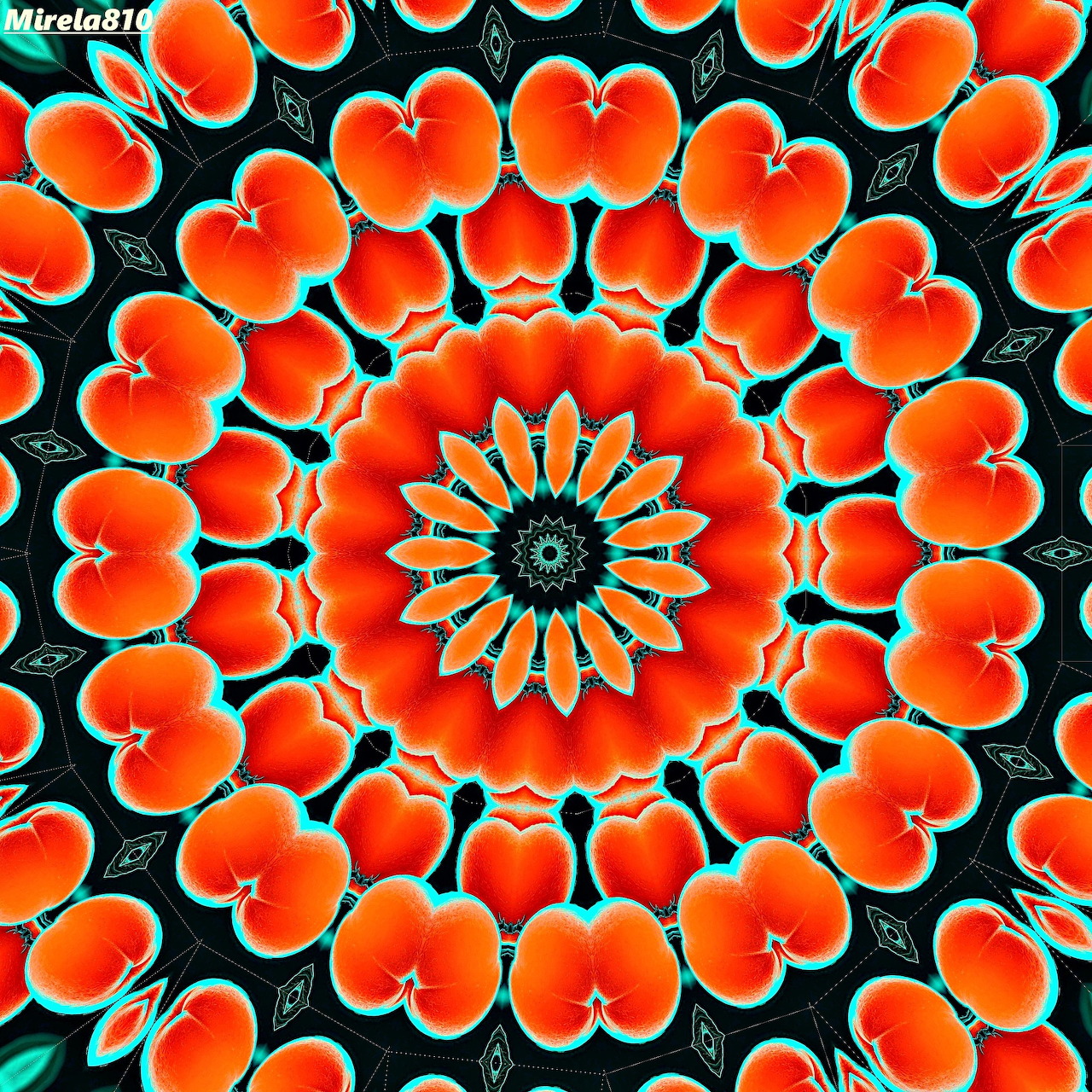 Symmetrical mandala with orange flower petals radiating from central sunburst on black background