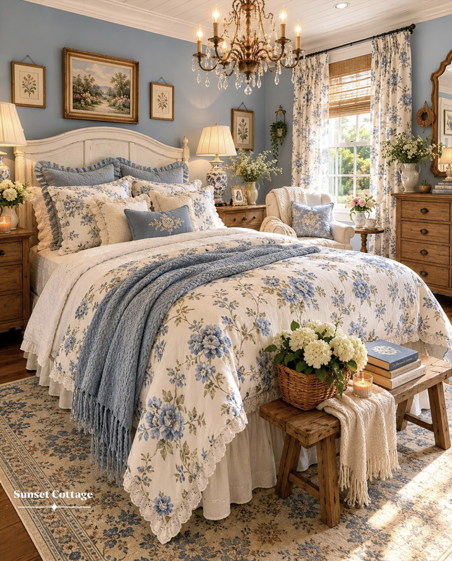 Cozy bedroom with floral bedding, wooden dressers, lamps, and chandelier