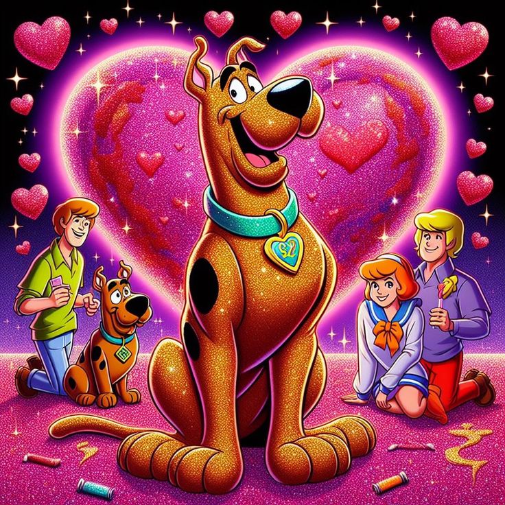 Colorful cartoon of Scooby-Doo with the Mystery Inc. gang in front of a glowing pink heart