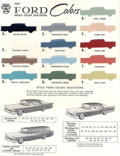 1959 Ford Colors single color selections chart with paint swatches and car illustrations