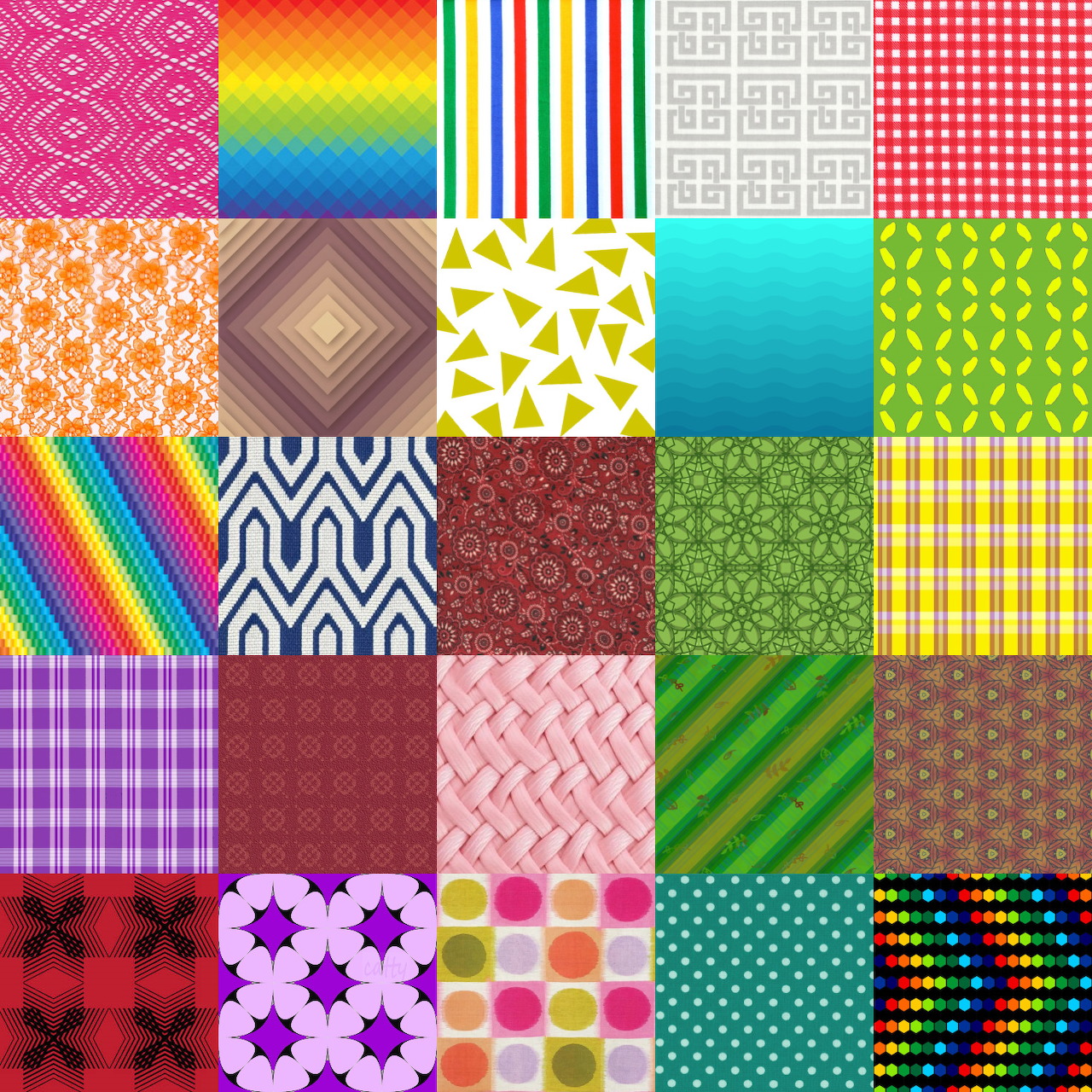 Grid of 25 colorful fabric pattern squares including stripes, checks, florals, and geometric designs