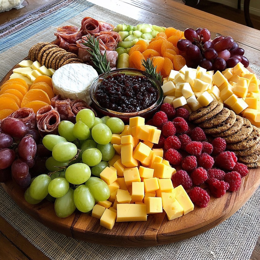 Wooden charcuterie board with cheese cubes, grapes, raspberries, crackers, jam, and meats arranged in colorful sections