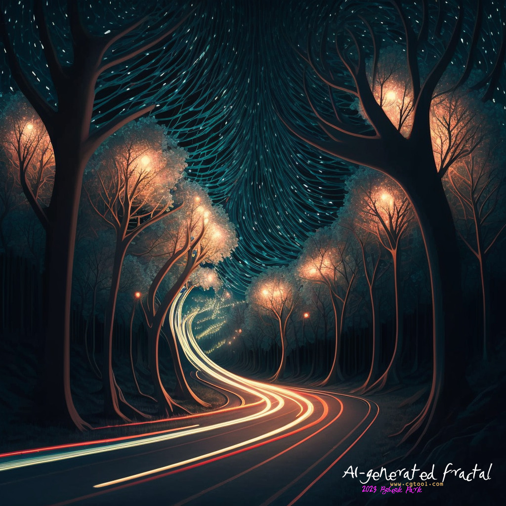 Abstract glowing forest with luminous trees and a curving light trail in a dark night scene